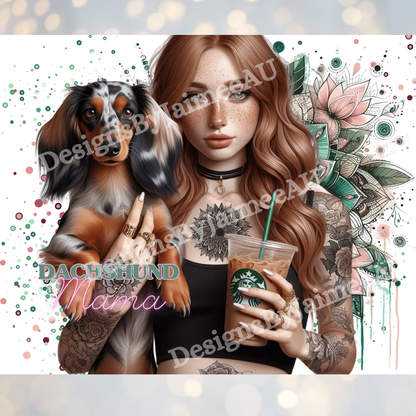 Red haired Dachshund Mama, Iced Coffee Digital 20oz Sublimation Tumbler Wrap