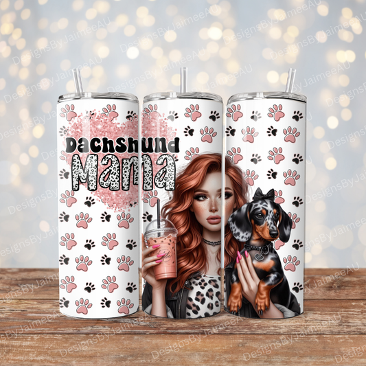 Redhead Dachshund Mama, Glitter Heart and Paw prints Digital 20oz Sublimation Tumbler Wrap