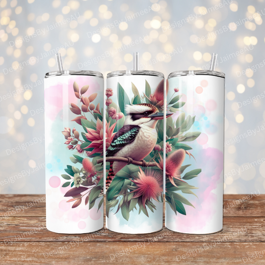Pink and Aqua watercolour Kookaburra Digital 20oz Sublimation Tumbler Wrap