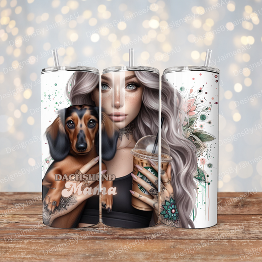 Silver haired Dachshund Mama, Iced Coffee Digital 20oz Sublimation Tumbler Wrap