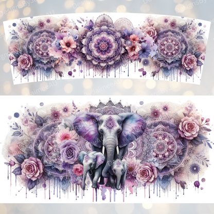 Mama and Baby - Purple Watercolour Floral Elephants 40oz Digital Sublimation Tumbler Wrap
