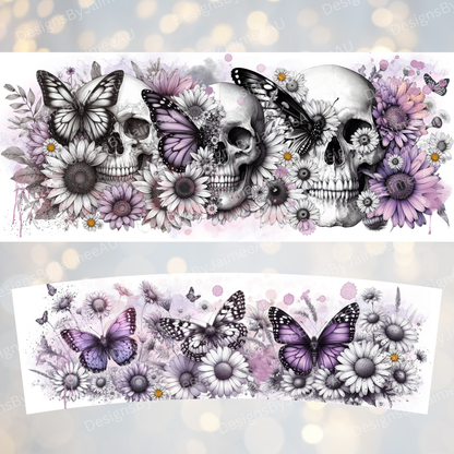 Black and White Skulls and Butterflies with Pops Of Purple- Digital 30oz Sublimation Tumbler Wrap