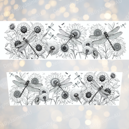 Dragnflies -Black and White Line Drawing- Digital 20oz Tumbler with Handle Wrap Design