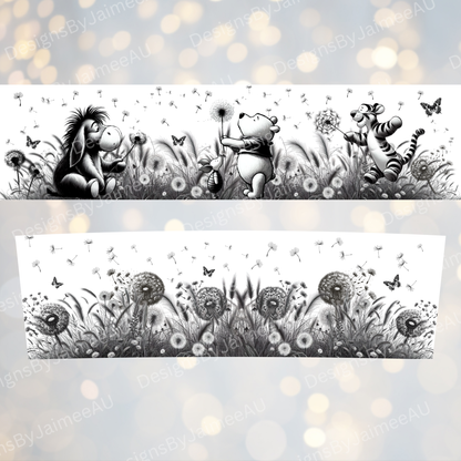 Dandelions - Winnie The Pooh and Friends -Black and White Line Drawing- Digital 20oz Tumbler with Handle Wrap Design