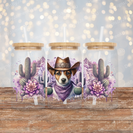 Purple Country/Western Jack Russell 16oz UV DTF Transfer Wrap PNG Image