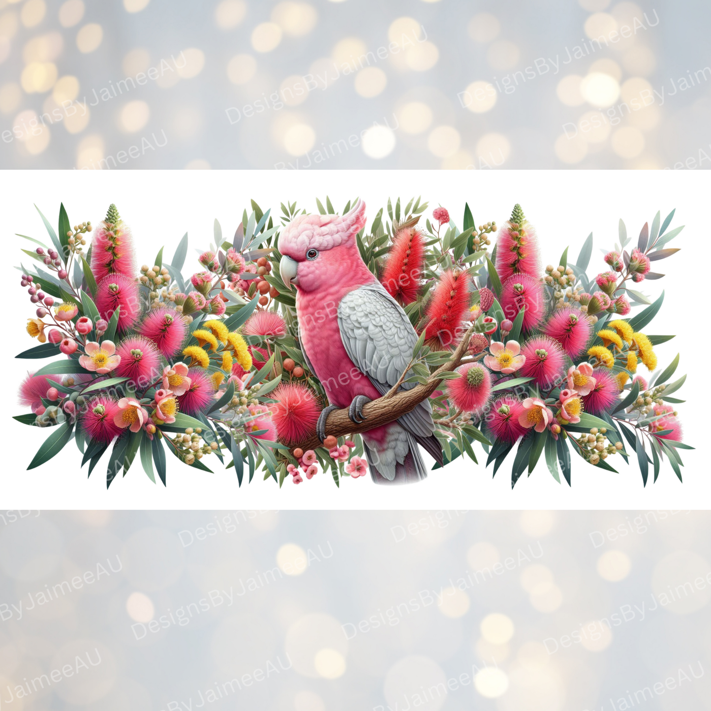 Galah and Aussie Native Flowers Digital Download 16oz UV DTF Transfer Wrap PNG Image