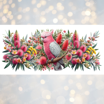 Galah and Aussie Native Flowers Digital Download 16oz UV DTF Transfer Wrap PNG Image
