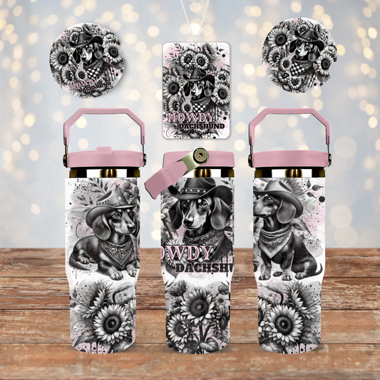 Howdy Dachshund - Pink and Black - Set (Includes Car Coaster and Air Freshener Designs) - Digital 30oz Sublimation Tumbler Wrap