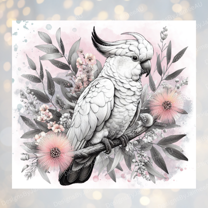 Black and White Cockatoo - Pastel pink themed - Digital 20oz Sublimation Tumbler Wrap