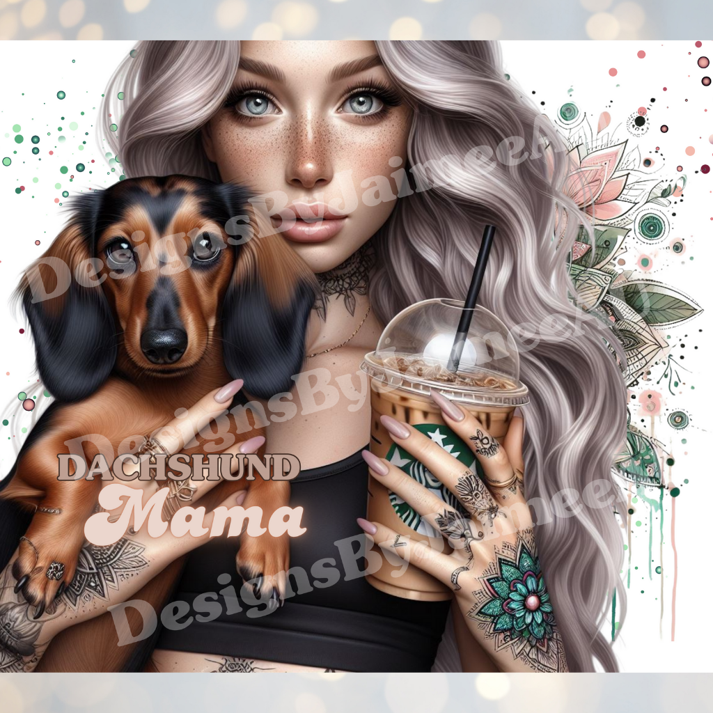 Silver haired Dachshund Mama, Iced Coffee Digital 20oz Sublimation Tumbler Wrap