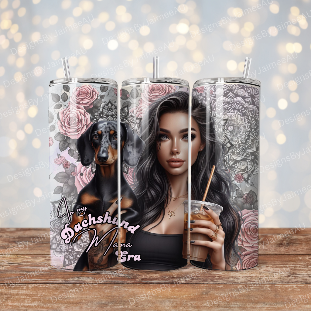 Dark haired Dachshund Mama, Iced Coffee Digital 20oz Sublimation Tumbler Wrap