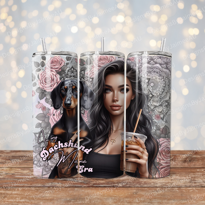 Dark haired Dachshund Mama, Iced Coffee Digital 20oz Sublimation Tumbler Wrap
