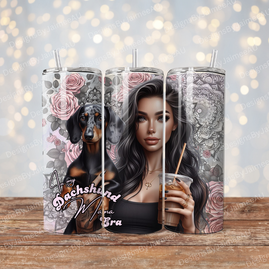 Dark haired Dachshund Mama, Iced Coffee Digital 20oz Sublimation Tumbler Wrap
