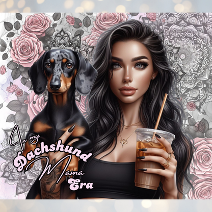 Dark haired Dachshund Mama, Iced Coffee Digital 20oz Sublimation Tumbler Wrap