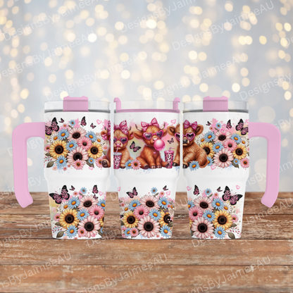 Cute Highland Cows with Leopard Print Butterflies and Daisies - Digital 20oz Tumbler with Handle Wrap Design