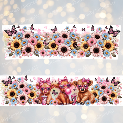 Cute Highland Cows with Leopard Print Butterflies and Daisies - Digital 20oz Tumbler with Handle Wrap Design
