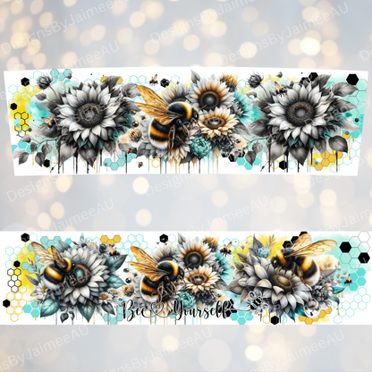 Bee Yourself -Black and White Bees with pops of Aqua and Yellow- Digital 20oz Tumbler with Handle Wrap Design
