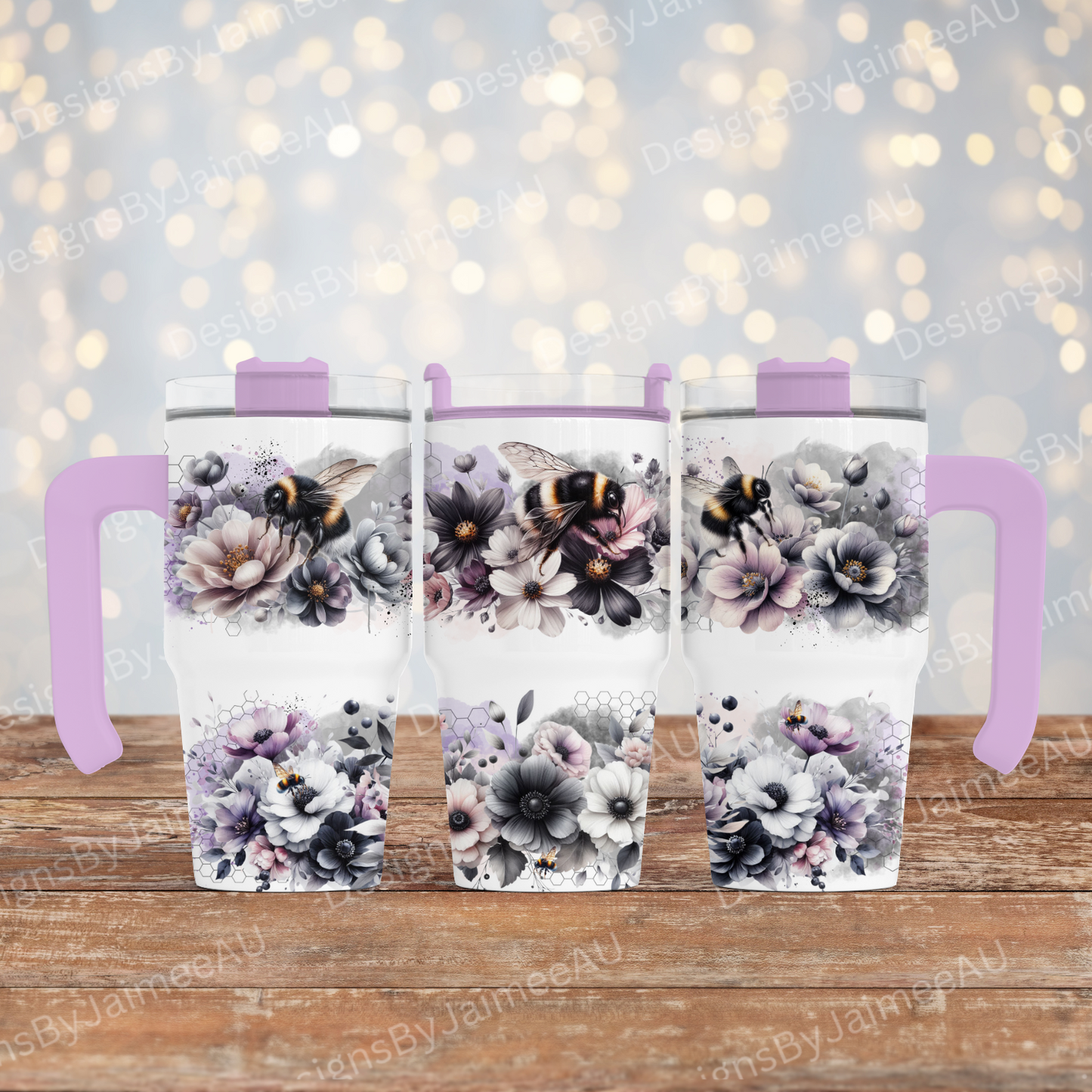 Black and White Bees and Flowers with pops of Purple- Digital 20oz Tumbler with Handle Wrap Design