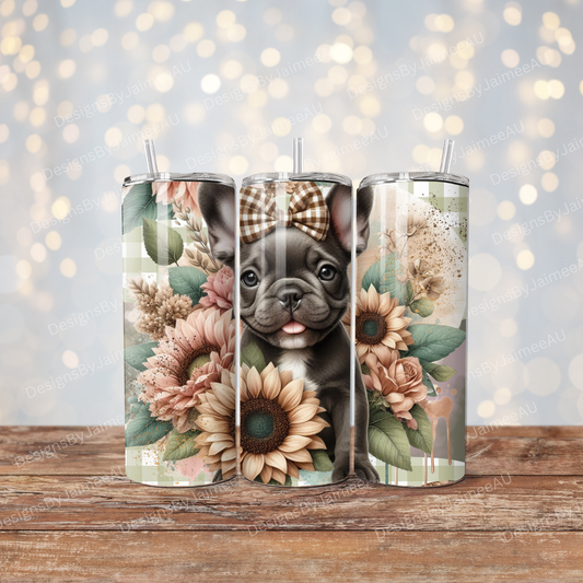 Sage Green Gingham French Bulldog Digital 20oz Sublimation Tumbler Wrap
