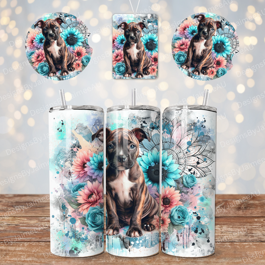 Pastel Watercolour Brindle Staffy #2 - Sunflowers Set - Includes Digital 20oz Sublimation Tumbler Wrap, Car Coaster and Air Freshener Designs