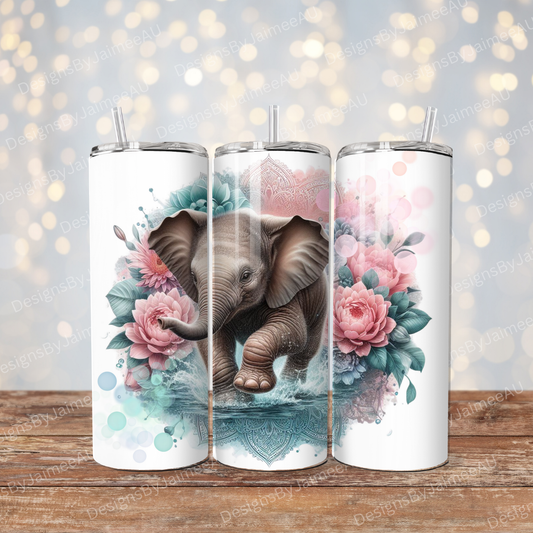 Pink and Aqua WaterColour Baby Elephant Digital 20oz Sublimation Tumbler Wrap