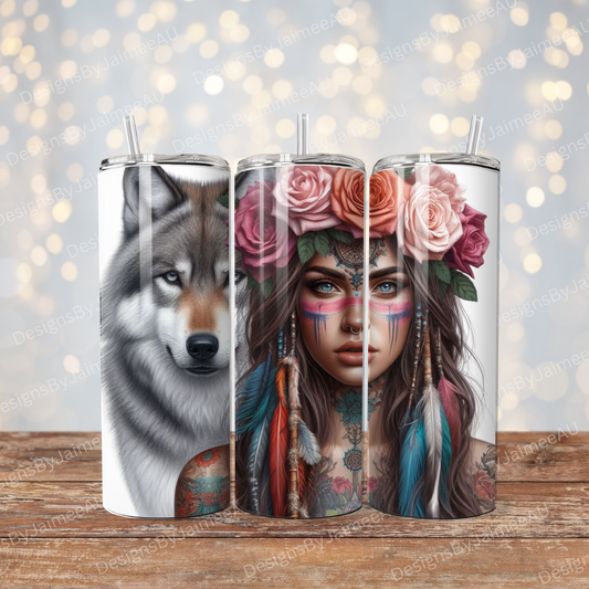 Fierce Warrior Woman, Wolf, Flower Crown (Fierce Collection) Digital 20oz Sublimation Tumbler Wrap
