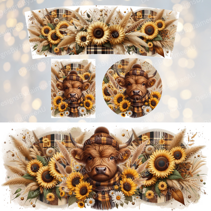 Gingham Highland Cow 40oz Digital Sublimation Tumbler Wrap, Air Freshener and Car Coaster Set