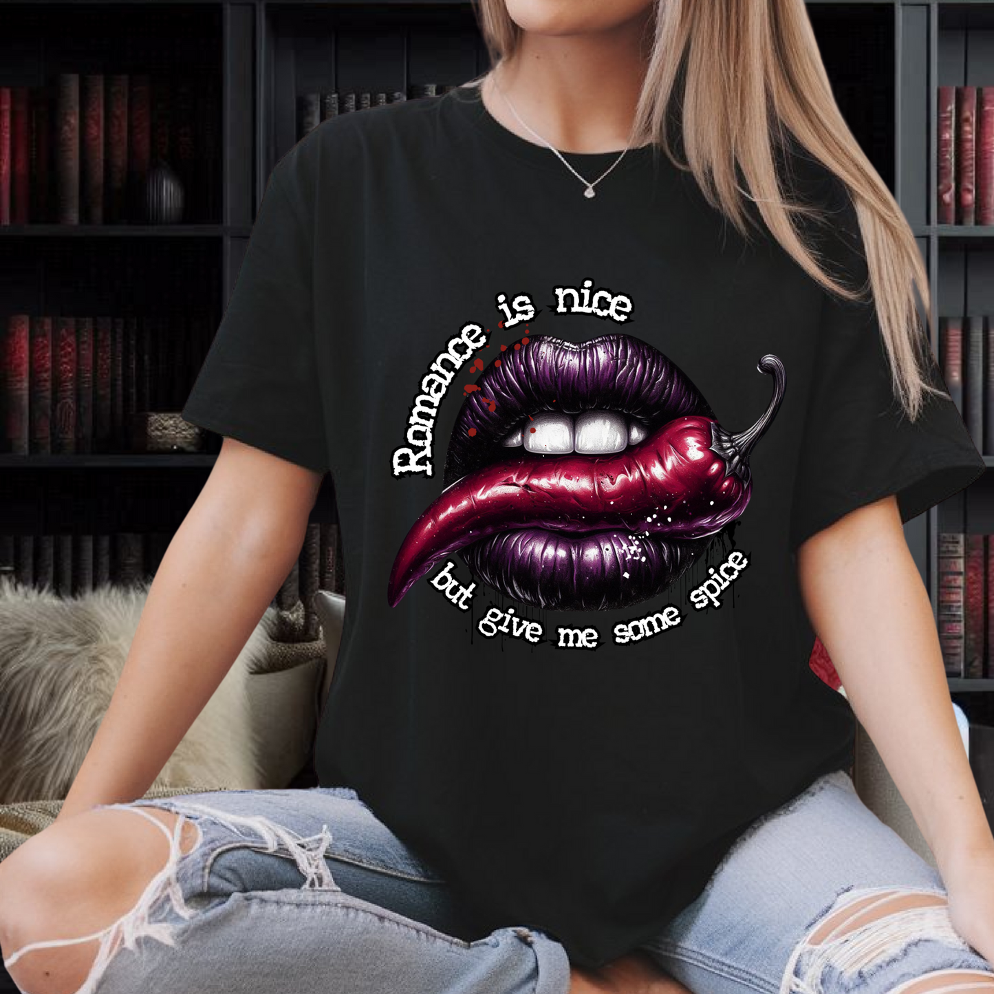 "Romance Is Nice, But Give Me Spice" – Purple Lips T-Shirt