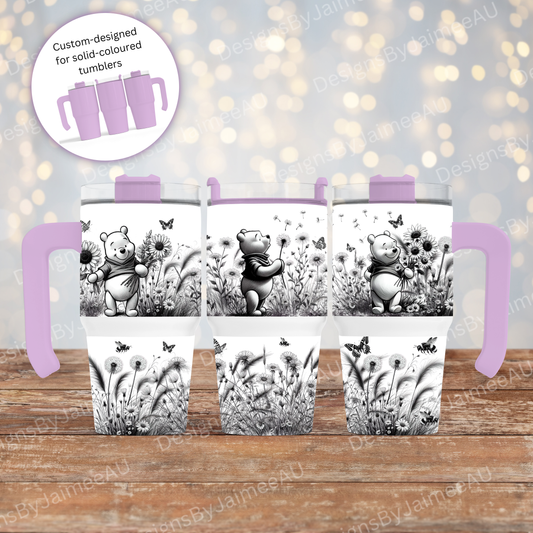 Springtime - Winnie The Pooh -Black and White Line Drawing- Digital 20oz Tumbler with Handle Wrap Design