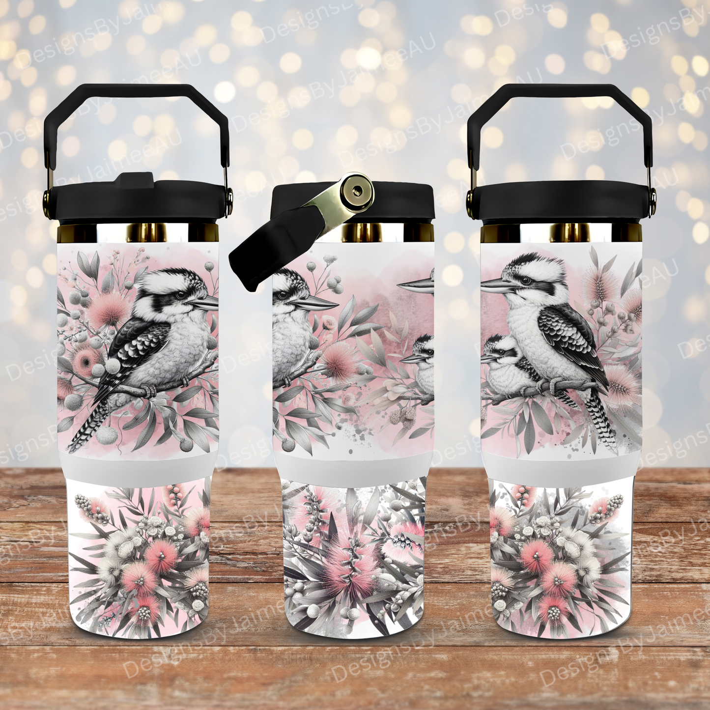 Black and White Kookaburra and Australian Natives, pops of pink- Digital 30oz Sublimation Tumbler Wrap