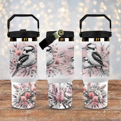 Black and White Kookaburra and Australian Natives, pops of pink- Digital 30oz Sublimation Tumbler Wrap