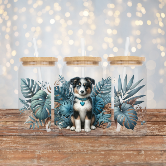 Black, White and Tan Kelpie Puppy - Tropical Teal Earthy Vibes Digital Download 16oz UV DTF Transfer Wrap PNG Image