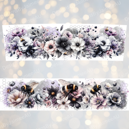 Black and White Bees and Flowers with pops of Purple- Digital 20oz Tumbler with Handle Wrap Design