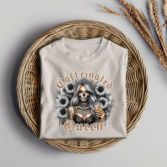 Black and White "Caffeinated Queen" Skeleton Woman Digital DTF Transfer PNG Image