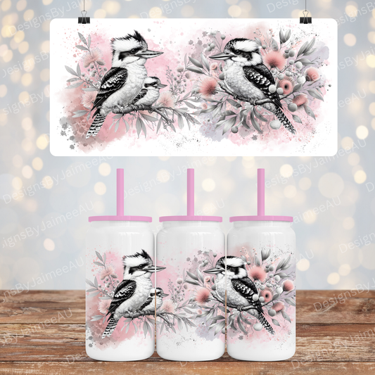Pastel Pink and Black/White Kookaburras - Digital 16oz Sublimation Design