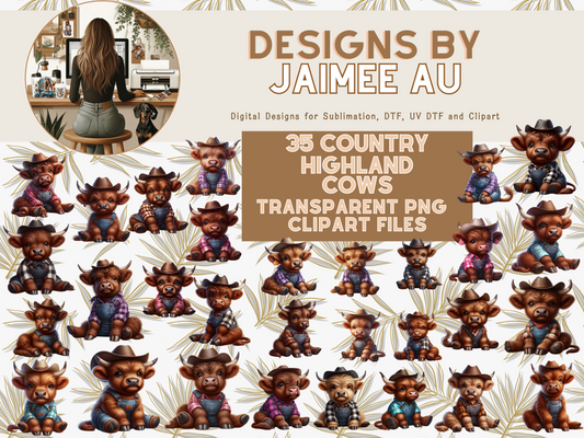 35 Country/Cowboy Baby Highland Cows Digital Transparent Clipart Images