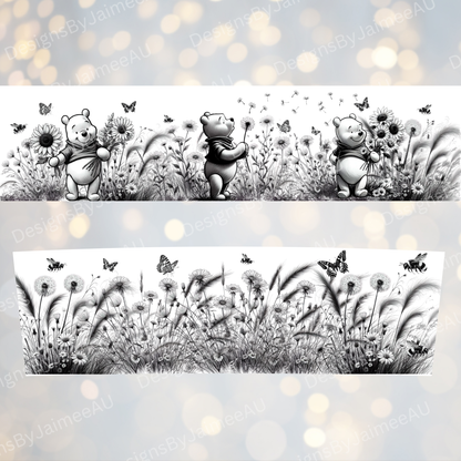 Springtime - Winnie The Pooh -Black and White Line Drawing- Digital 20oz Tumbler with Handle Wrap Design