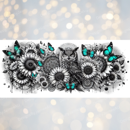 Black and White Owl with Pops of Aqua, Mandala and Sunflowers Digital Download 16oz UV DTF Transfer Wrap PNG Image