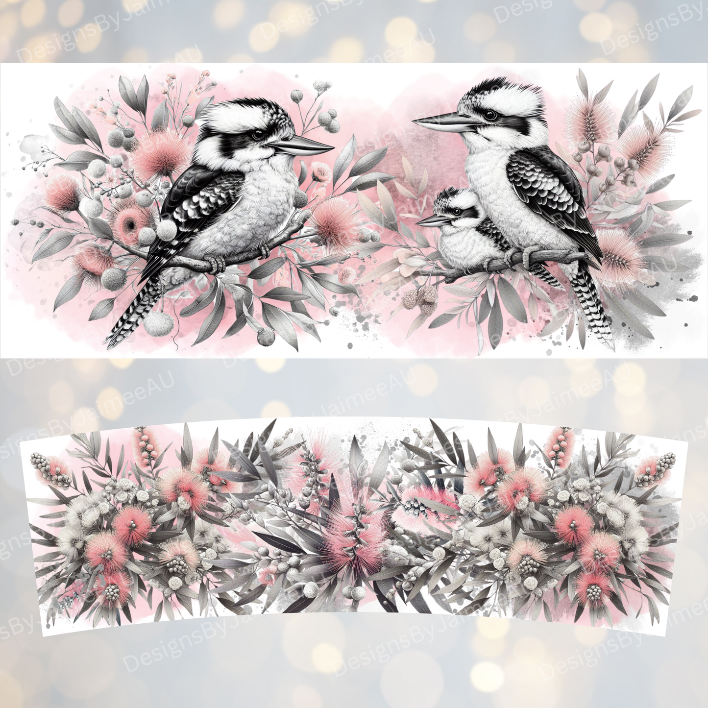 Black and White Kookaburra and Australian Natives, pops of pink- Digital 30oz Sublimation Tumbler Wrap