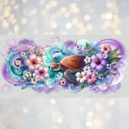 Tropical Purple and Ocean Blues/Green Turtle Digital 16oz UV DTF Transfer Wrap PNG Image