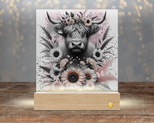 Floral Highland Cow - Pink and Black - Digital Sublimation Led Light Design