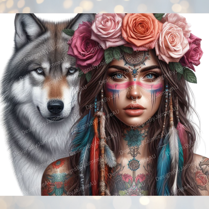 Fierce Warrior Woman, Wolf, Flower Crown (Fierce Collection) Digital 20oz Sublimation Tumbler Wrap