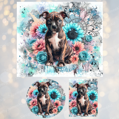 Pastel Watercolour Brindle Staffy #2 - Sunflowers Set - Includes Digital 20oz Sublimation Tumbler Wrap, Car Coaster and Air Freshener Designs
