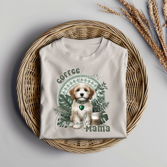 Sage Green Tropical Cavoodle "Coffee Lover, Cavoodle Mama"  Digital DTF Transfer PNG Image
