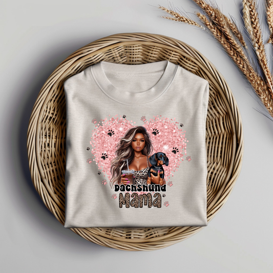 Dachshund Mama Glitter Heart/Leopard Print Digital DTF Transfer PNG Image
