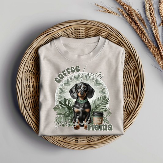 Sage Green Tropical Dapple Dachshund "Coffee Lover, Dachshund Mama" Digital DTF Transfer PNG Image