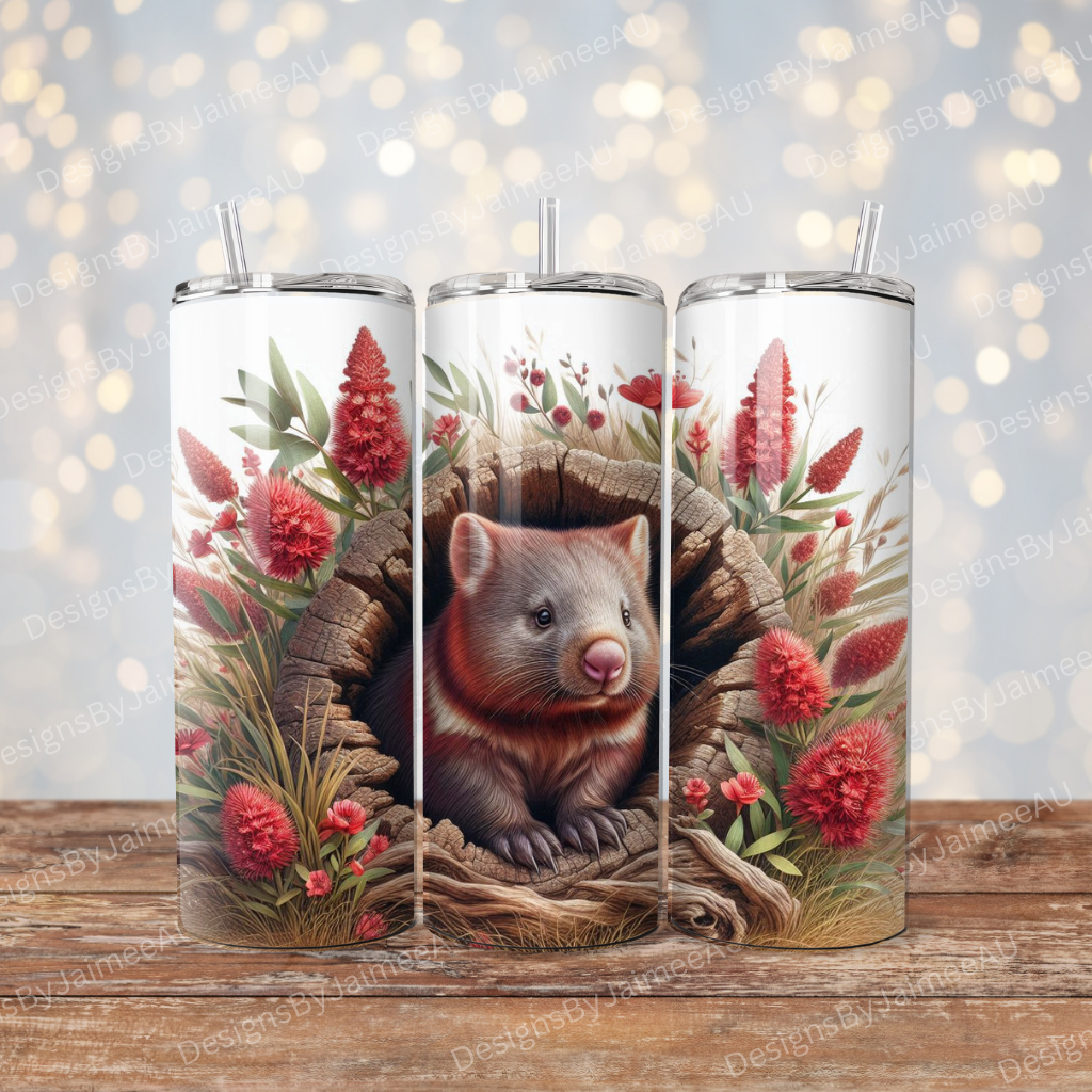 Wombat and Native Australian Flowers Digital 20oz Sublimation Tumbler Wrap
