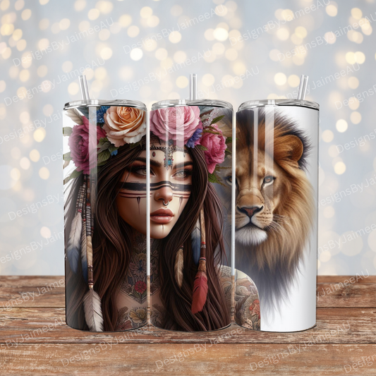 Lion, Warrior Woman, Flower Crown (Fierce Collection) Digital 20oz Sublimation Tumbler Wrap