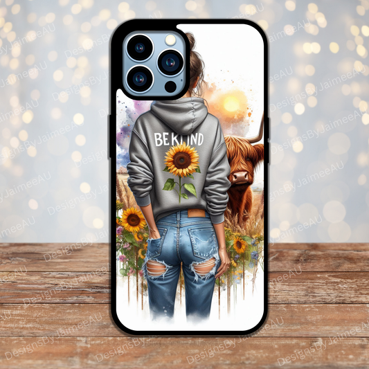Grey Hoodie "Be Kind" - Daily Affirmations with Watercolour Highland Cow #1 Digital Phone Case Design