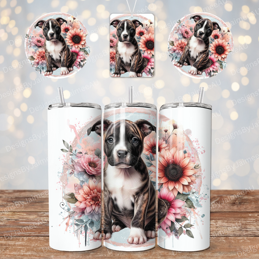 Pastel Watercolour Brindle Staffy #1 - Sunflowers Set - Includes Digital 20oz Sublimation Tumbler Wrap, Car Coaster and Air Freshener Designs